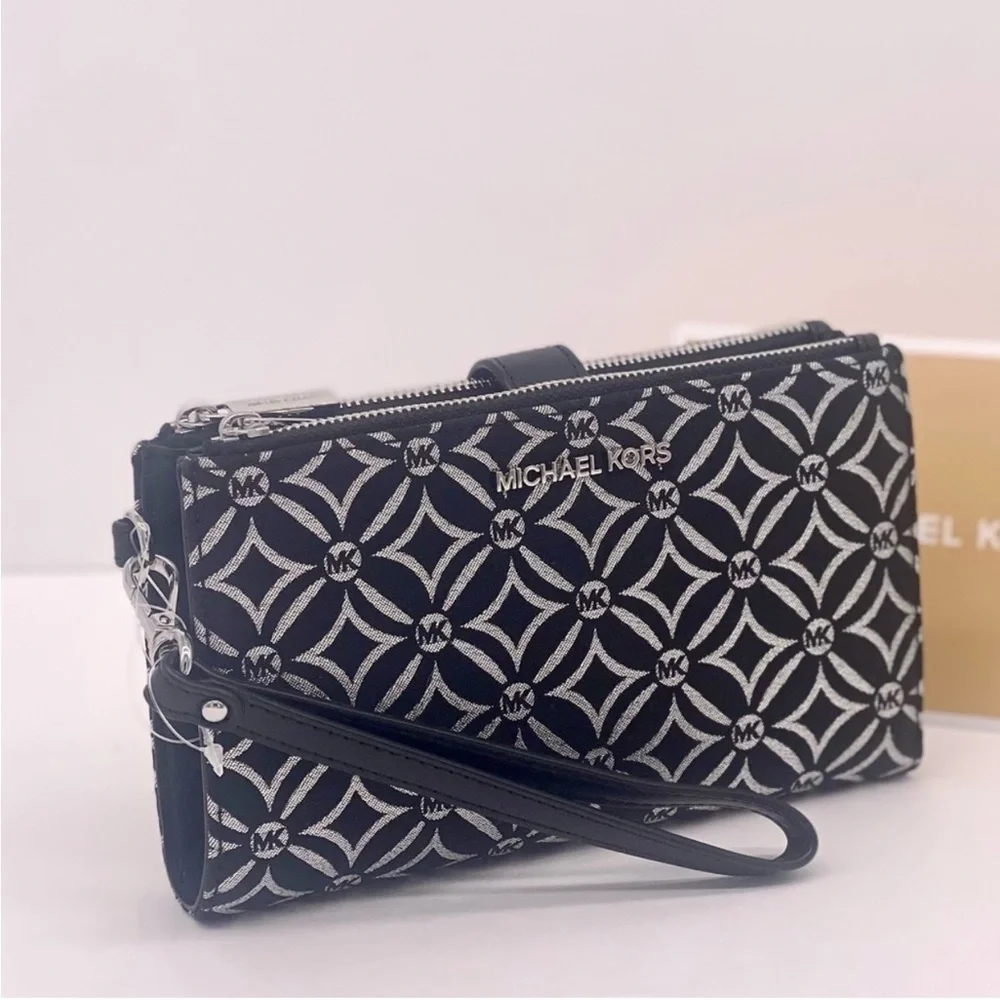 Michael Kors Black and Silver Patterned Wristlet Wallet Phone Case